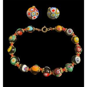 Vintage Multi-Colored Murano Millefiori Glass Round Clip-On Earrings & Bracelet